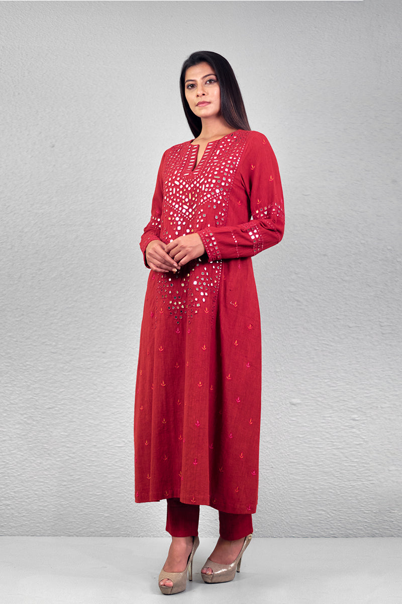 Red abha jali yoke kurta