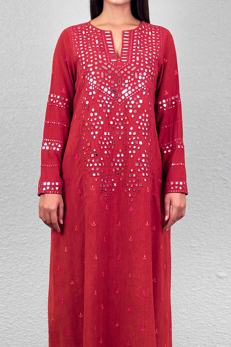 Red abha jali yoke kurta