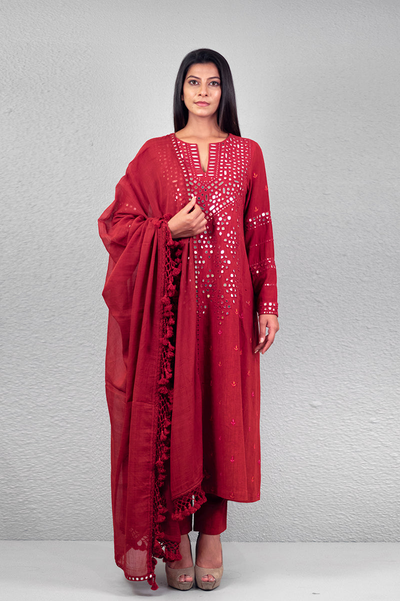 Red abha jali yoke kurta