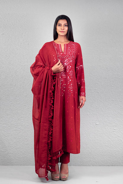 Red abha jali yoke kurta