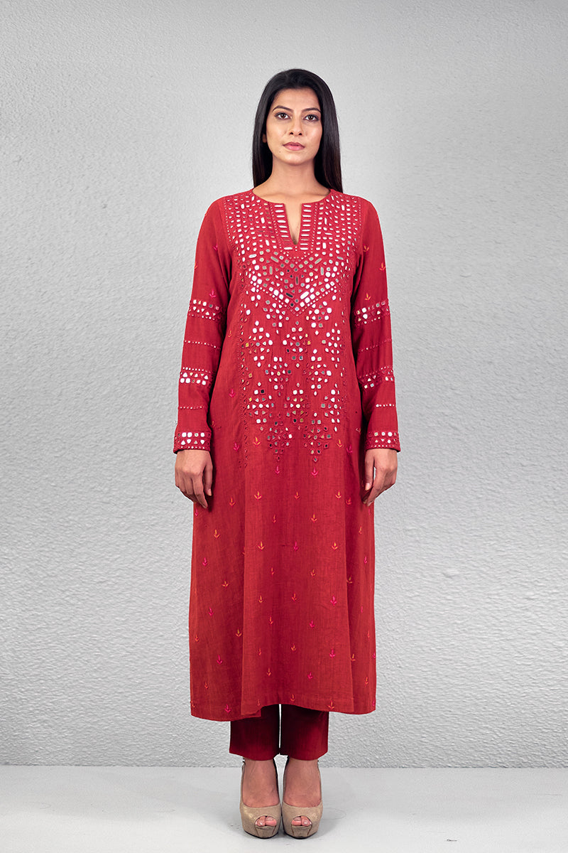 Red abha jali yoke kurta