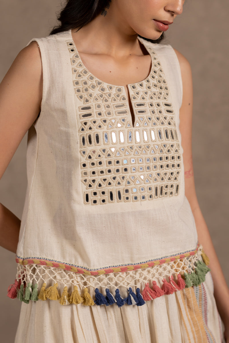 Off White Kala Cotton Mirror Yoke Top