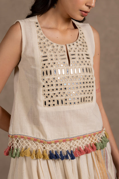 Off White Kala Cotton Mirror Yoke Top