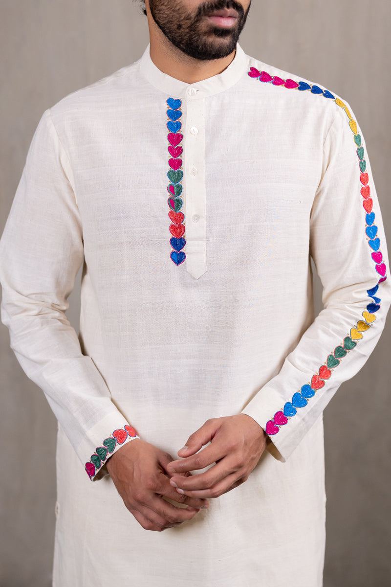Off-white Hand Embroidered Heartline Kurta