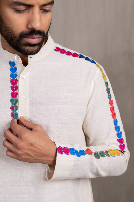 Off-white Hand Embroidered Heartline Kurta