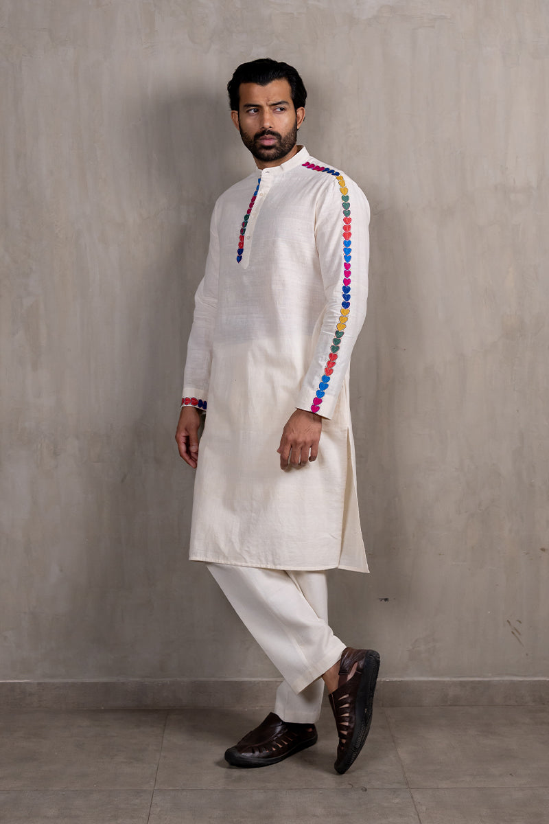 Off-white Hand Embroidered Heartline Kurta